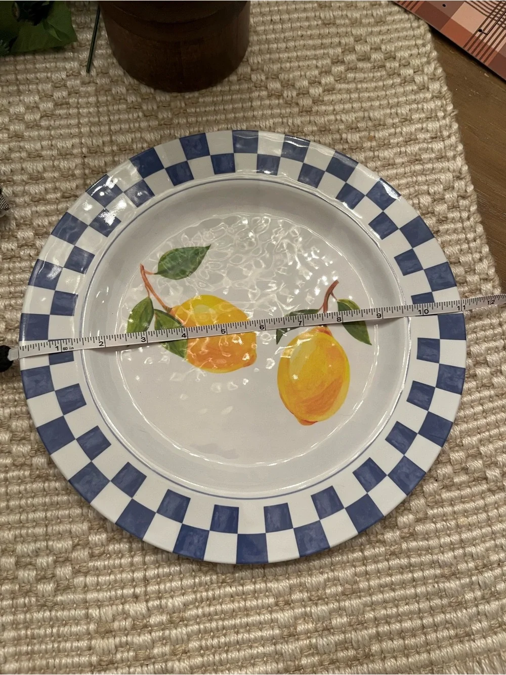 Blue Check & Lemon Melamine Dinner Plate - White/Blue/Yellow